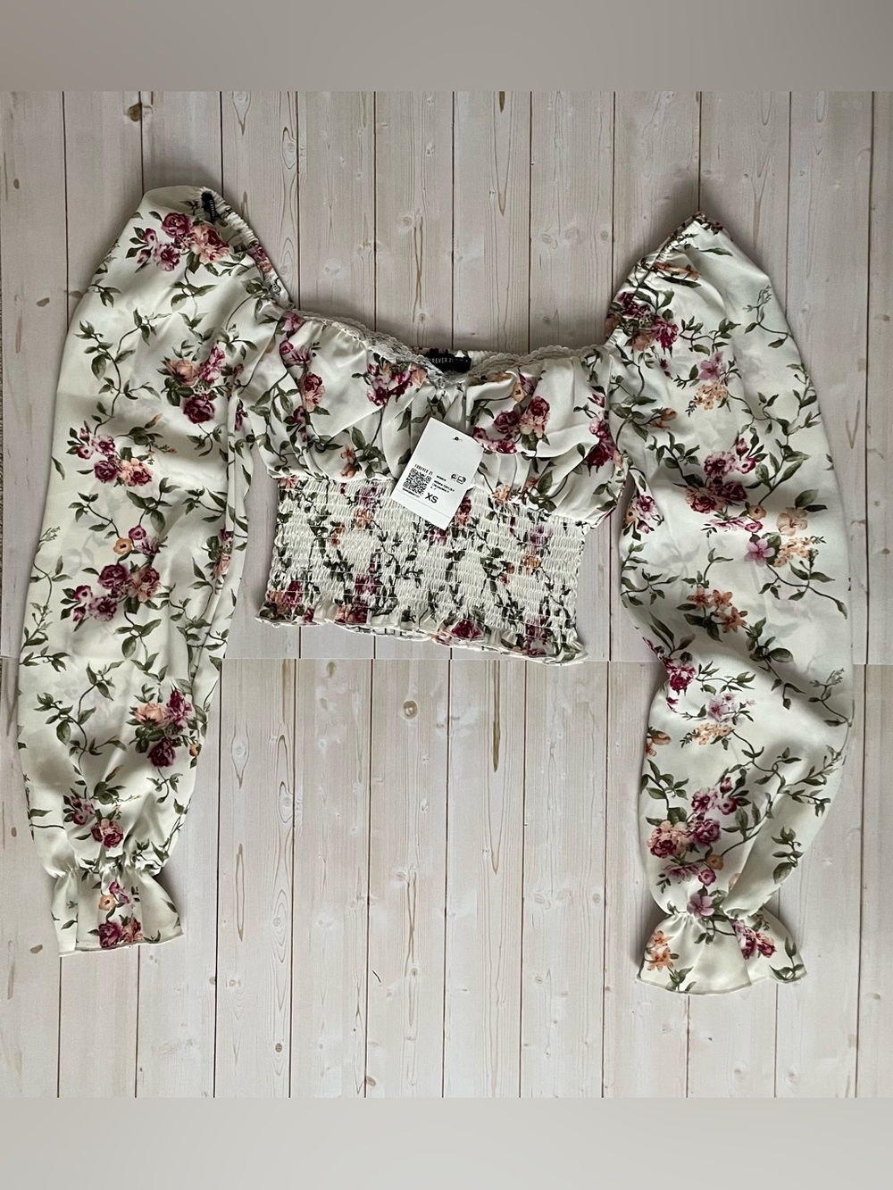Forever 21 White Floral Smocked Crop Top with Puff Sleeves